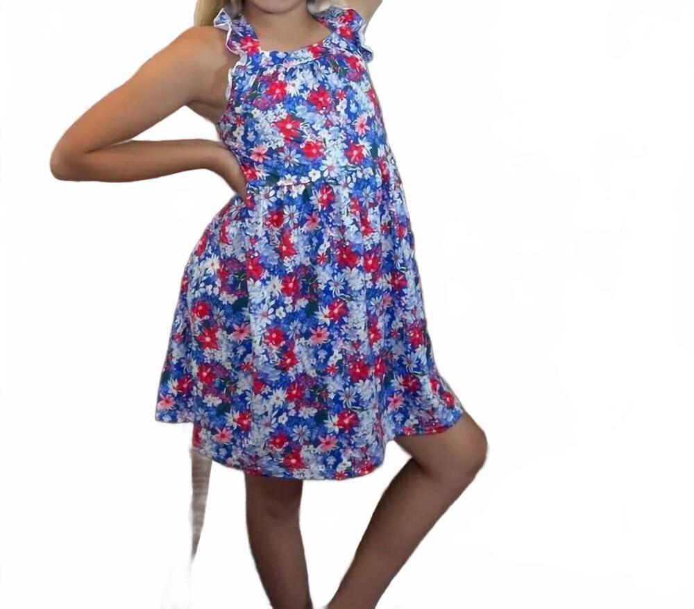 NEW MILA & ROSE freedom flowers ruffle cross back dress in blue floral
